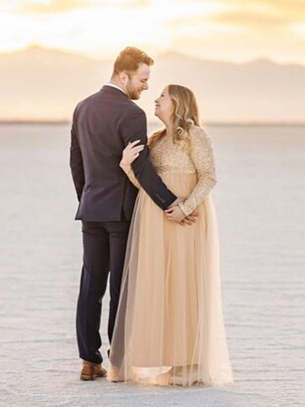 Momsmood Champion Sequin Tulle Splicing Long Sleeve Party Gown Photoshoot Maternity Baby Shower Maxi Dress