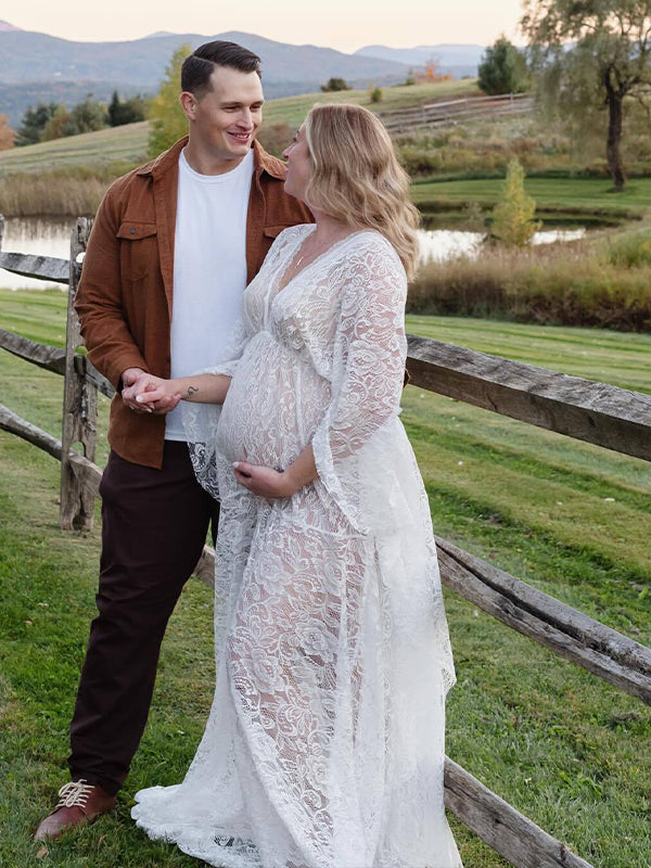 Momsmood Floral Lace Backless Boho Flare Sleeve Pregnant Maternity Photoshoot Maxi Dress