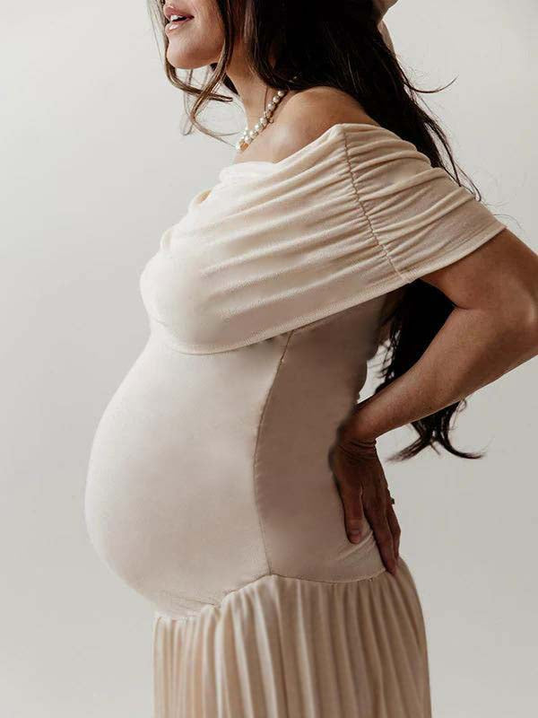 Apricot Off Shoulder Drop Waist Maternity Maxi Dress