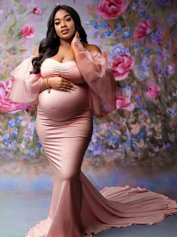 Momsmood Bandeau Cascading Ruffle Tulle Ruffle Sleeve Mermaid Bodycon Photoshoot Maternity Maxi Dress