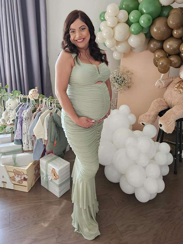 Momsmood Sage Condole Belt Ruched Bodycon Cut Out Mermaid Sleeveless Babyshower Maternity Maxi Dress