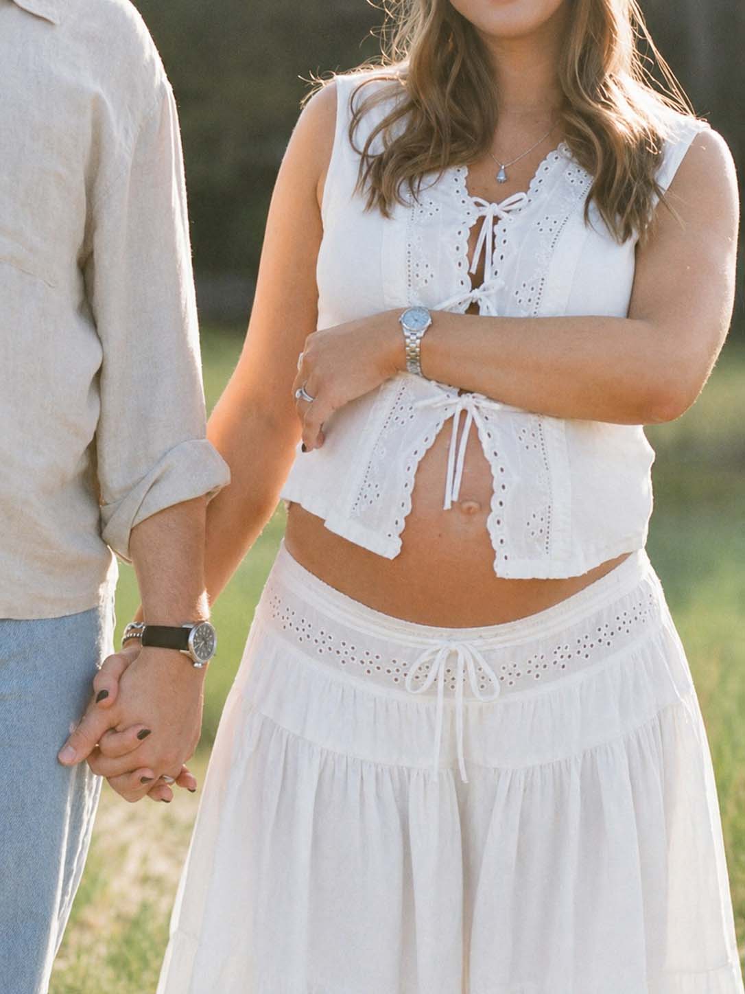 Boho White Lace Two Piece Lace Up Openwork Maternity Maxi Dress