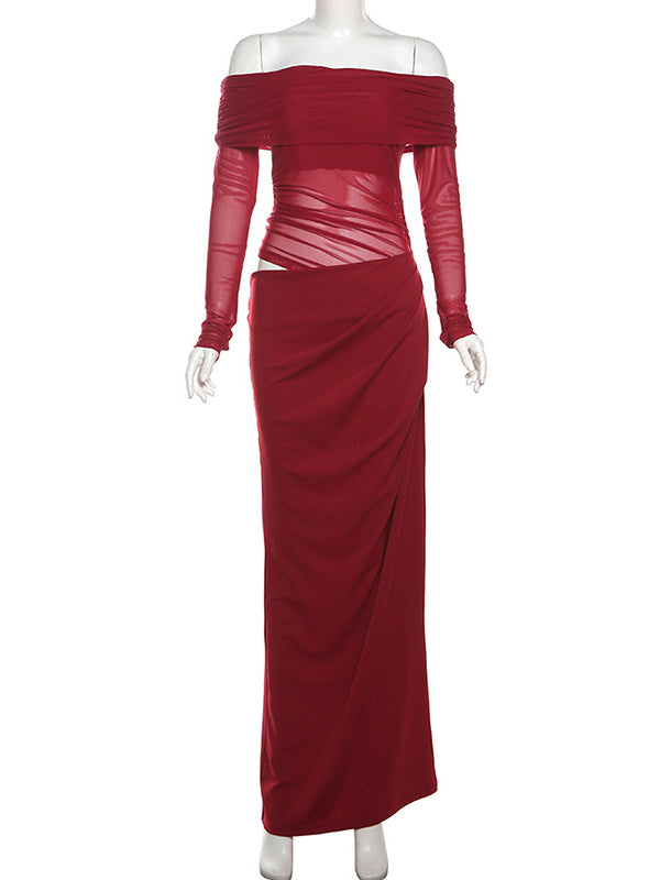 Momsmood Off Shoulder Cut Out Grenadine Splicing Sheer Ruched Baby Shower Maternity Maxi Dress
