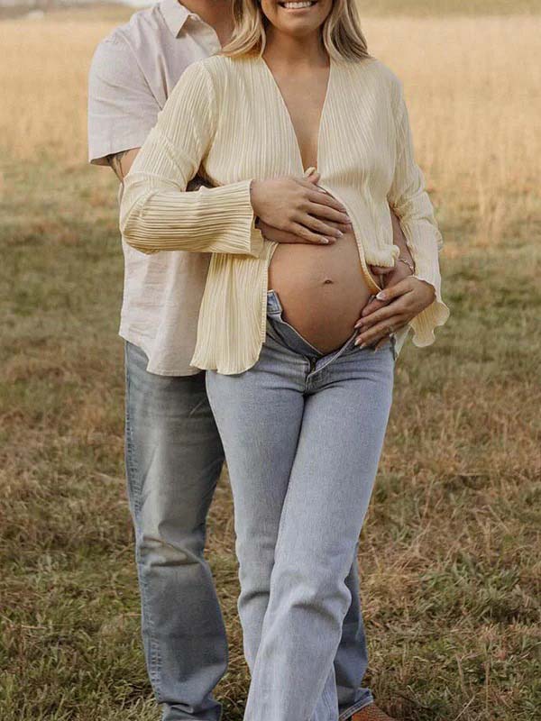 Momsmood Beige lace-up Flare Sleeve Modern Fashion Maternity Photoshoot Blouse
