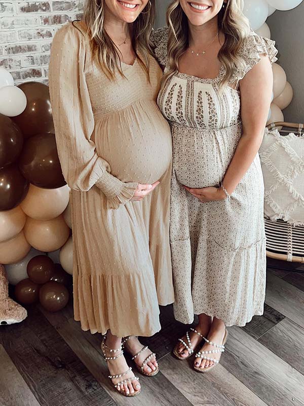 Momsmood Apricot Smocked Flouncy V neck Daily Going out Baby Shower Maternity Photoshoot Midi Dress