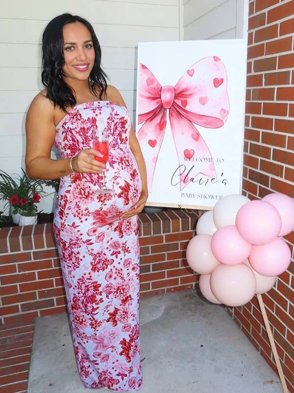 Momsmood  Red Strap Stamp Open Back Side Slit Banquet Baby Shower Maternity Photoshoot Maxi Dress