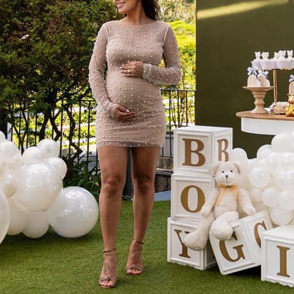 Momsmood Solid Color Pear Rhinestone Sheer Long Sleeve Fashion Photoshoot Maternity Baby Shower Mini Dress
