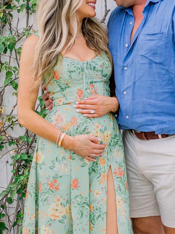 Momsmood Green Floral Side Slit Ruffle Bow Flowy Back Zipper Photoshoot Baby Shower Maternity Maxi Dress