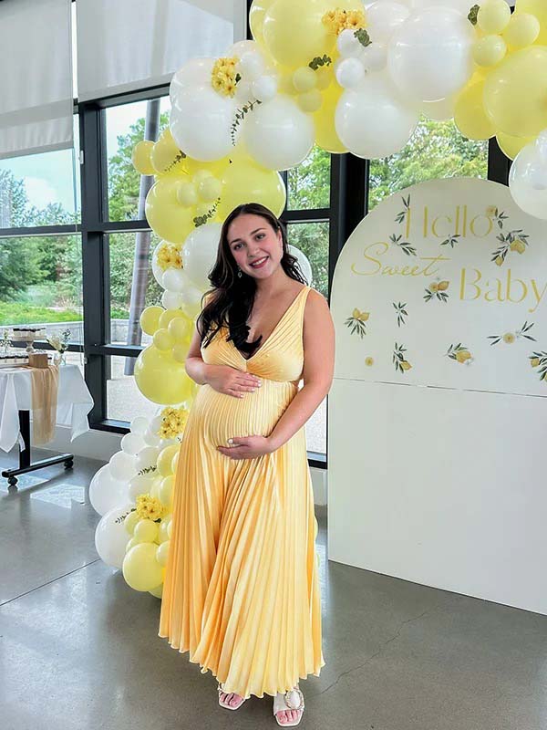 Momsmood Yellow Pleated Cut Out V-neck Big Swing Elegant Cocktail Party Gown Maternity Photoshoot Baby Shower Maxi Dress