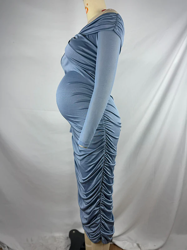 Momsmood Blue Ruched Off Shoulder Cross Chest Bodycon Elegant Wedding Guest Maternity Photoshoot Midi Dress
