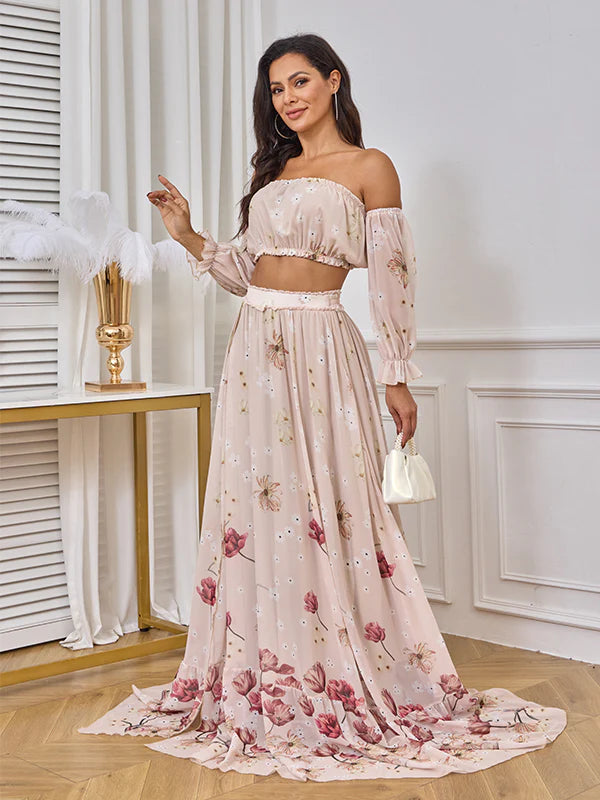 Momsmood Two Piece Boho Flower Embroidery Boho Off Shoulder Grenadine Crop Bandeau Photoshoot Maternity Maxi Dress