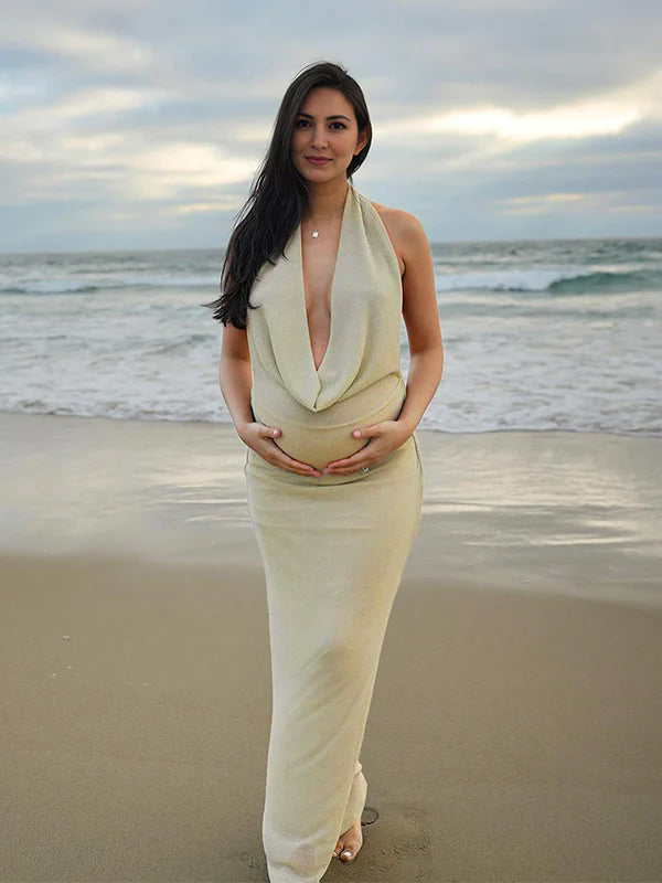 Momsmood White Halter Neck Draped Collar Backless Solid Color Bodycon Elegant Evening Photoshoot Maternity Maxi Dress