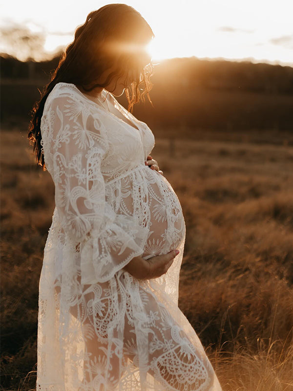 Momsmood Boho Lace White Sheer V-Neck Flare Sleeve High Waist Photoshoot Maternity Maxi Dress