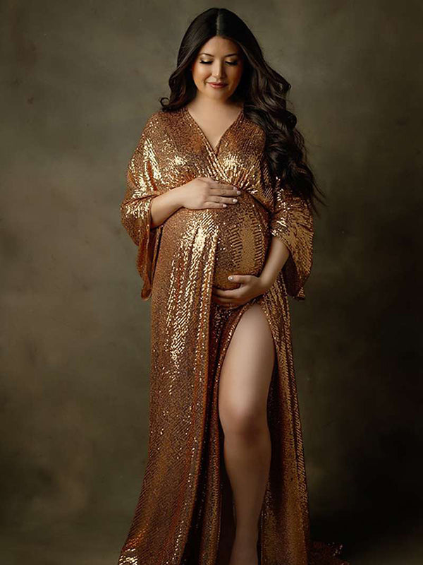 Momsmood Golden Sparkly Sequin Side Slit Flare Sleeve Elegant Evening Gown Maternity Photoshoot Party Maxi Dress