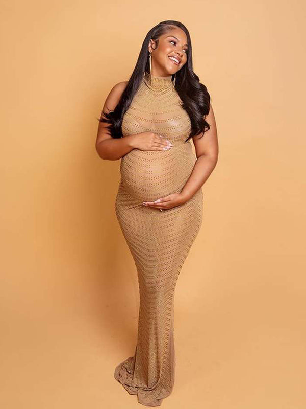 Momsmood Rhinestone Mesh Off Shoulder Split Slit Bodycon Party Gown Photoshoot Plus Size Maternity Maxi Dress