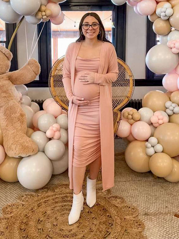 Momsmood Maternity Two Piece Glitter Pink 2-in-1 Bodycon Elegant Baby Shower Work Midi Dress