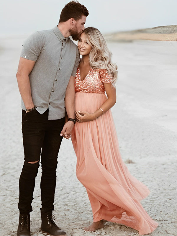 Momsmood Maternity Sequin Tulle Grenadine Patchwork V-neck Photoshoot Baby Shower Maxi Dress