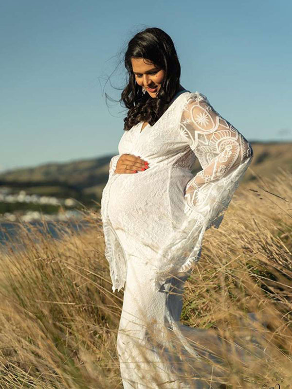 Momsmood Maternity White Lace V-Neck Flare Sleeve Mermaid Elegant Photoshoot Maxi Dress