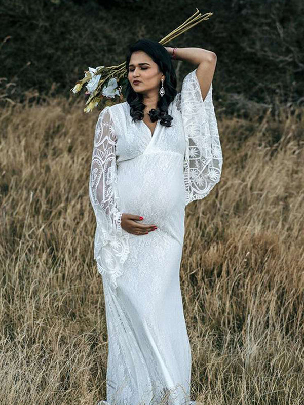 Momsmood Maternity White Lace V-Neck Flare Sleeve Mermaid Elegant Photoshoot Maxi Dress