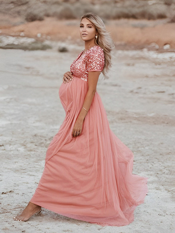 Momsmood Maternity Sequin Tulle Grenadine Patchwork V-neck Photoshoot Baby Shower Maxi Dress