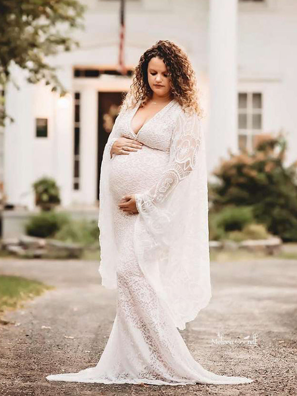Momsmood Maternity White Lace V-Neck Flare Sleeve Mermaid Elegant Photoshoot Maxi Dress