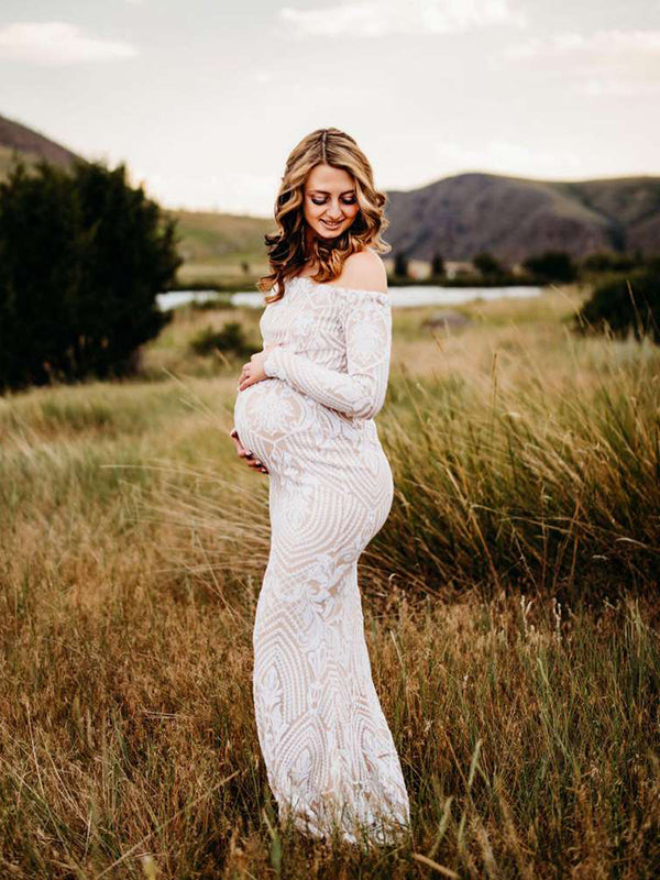 Momsmood White Lace Sequin Off Shoulder Mermaid Bodycon Wedding Gown Baby Shower Elegant Foamal Maternity Photoshoot Maxi Dress