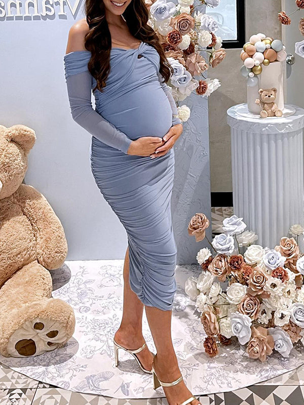 Momsmood Blue Ruched Off Shoulder Cross Chest Bodycon Elegant Wedding Guest Maternity Photoshoot Midi Dress