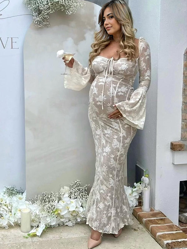 Momsmood White Lace Corset Square Neck Flare Sleeve Off Shoulder Bodycon Maternity Maxi Dress/Gown