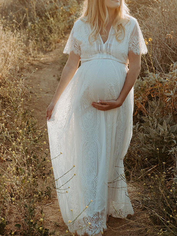 Momsmood Maternity White Lace Tulle Ruffle Embroidery Cut Out V-neck Photoshoot Maxi Dress