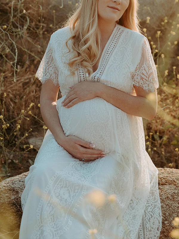 Momsmood Maternity White Lace Tulle Ruffle Embroidery Cut Out V-neck Photoshoot Maxi Dress