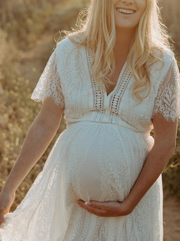Momsmood Maternity White Lace Tulle Ruffle Embroidery Cut Out V-neck Photoshoot Maxi Dress