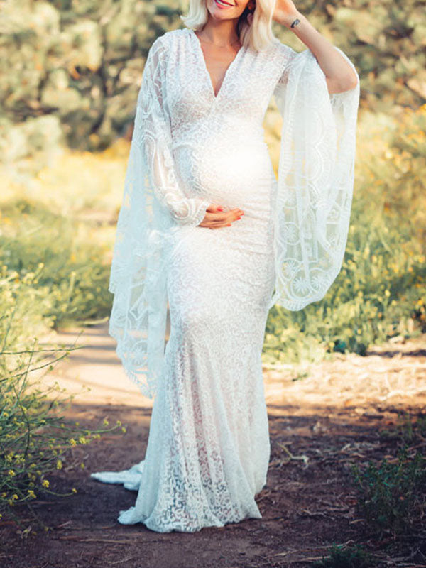 Momsmood Maternity White Lace V-Neck Flare Sleeve Mermaid Elegant Photoshoot Maxi Dress