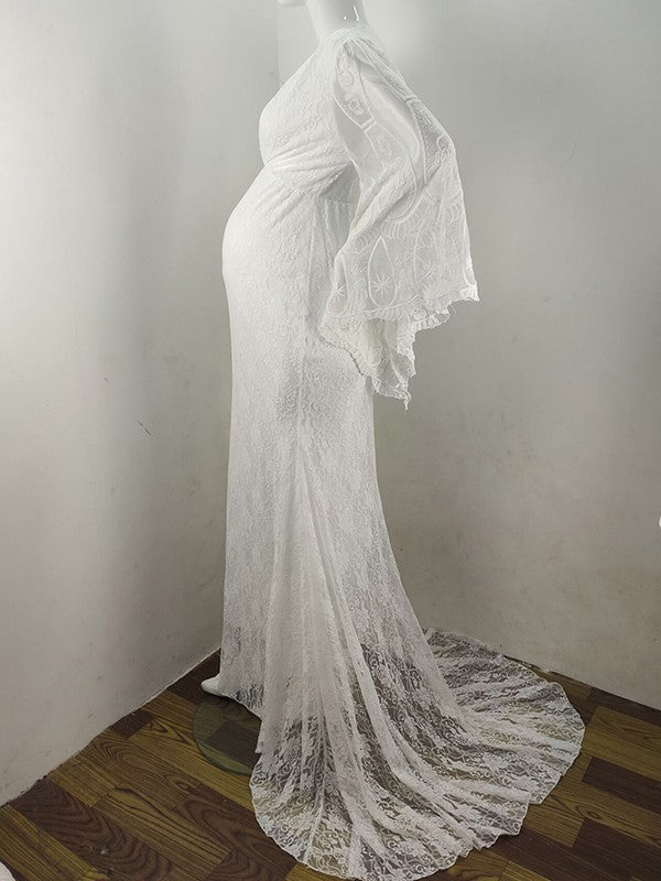 Momsmood Maternity White Lace V-Neck Flare Sleeve Mermaid Elegant Photoshoot Maxi Dress