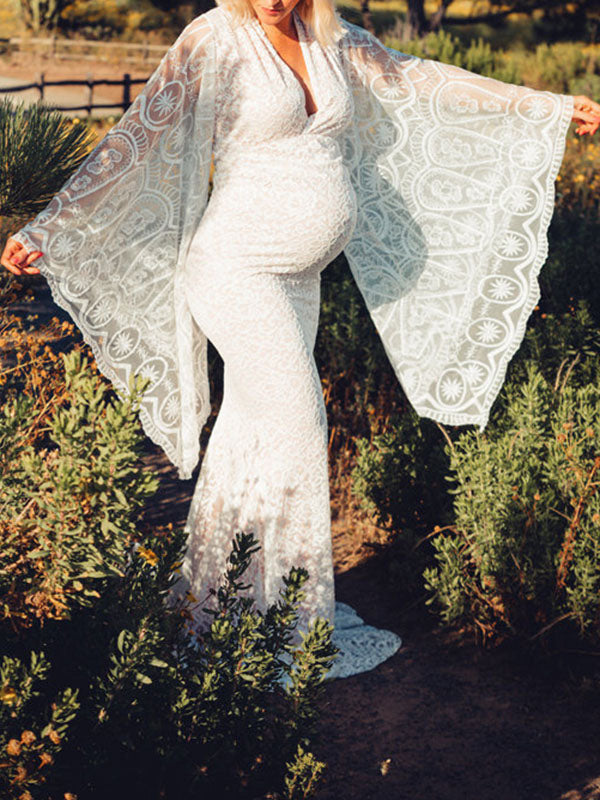 Momsmood Maternity White Lace V-Neck Flare Sleeve Mermaid Elegant Photoshoot Maxi Dress