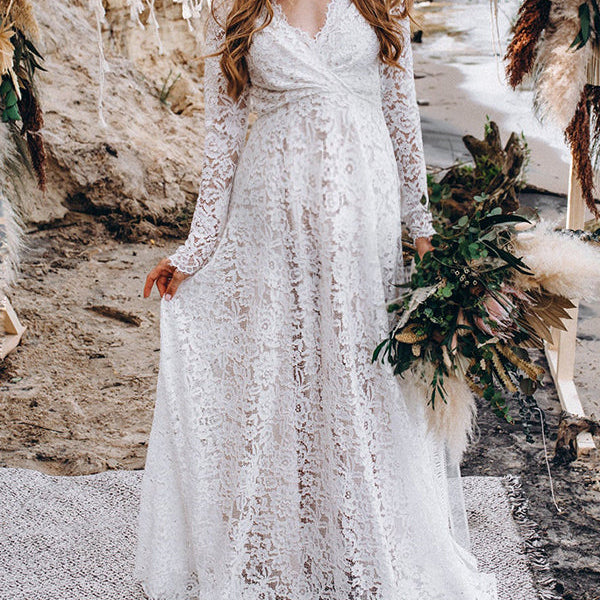 Momsmood Maternity White Lace V-neck Backless Big Swing Wedding Gown Elegant Evening Maxi Dress