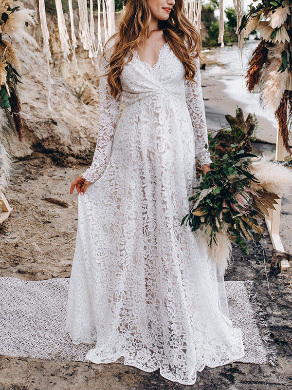 Momsmood Maternity White Lace V-neck Backless Big Swing Wedding Gown Elegant Evening Maxi Dress