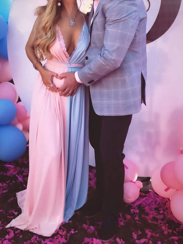 Momsmood Maternity Pink-blue Patchwork Lace Slit Belt Cami Backless Elegant Gender Reveal Maxi Dress