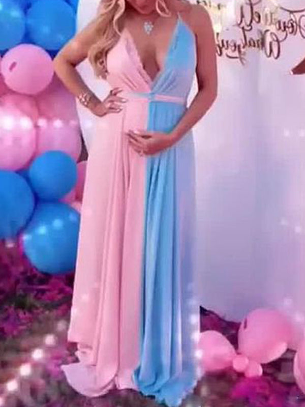 Momsmood Maternity Pink-blue Patchwork Lace Slit Belt Cami Backless Elegant Gender Reveal Maxi Dress