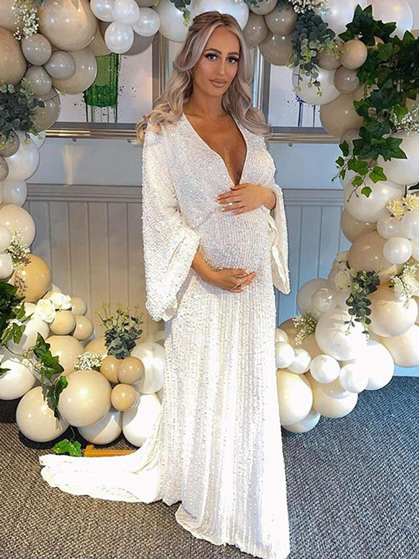 Momsmood Belly Friendly Sequin Mermaid V-neck Dolman Sleeve Babyshower Maternity Maxi Dress