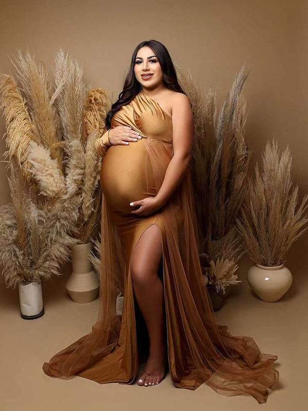 Momsmood Khaki One Shoulder Cut Out Tulle Train Side Slit Plus Size Maxi Maternity Photoshoot Dresses