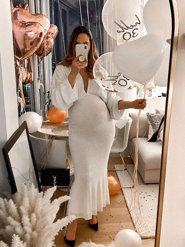 Momsmood Belly Friendly Sequin Mermaid V-neck Dolman Sleeve Babyshower Maternity Maxi Dress