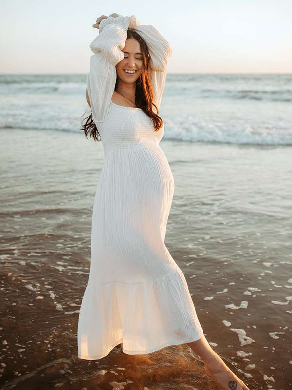 Momsmood White Ruffle Ruched High Waist Puff Sleeve Cute Photoshoot Maternity Maxi Dress