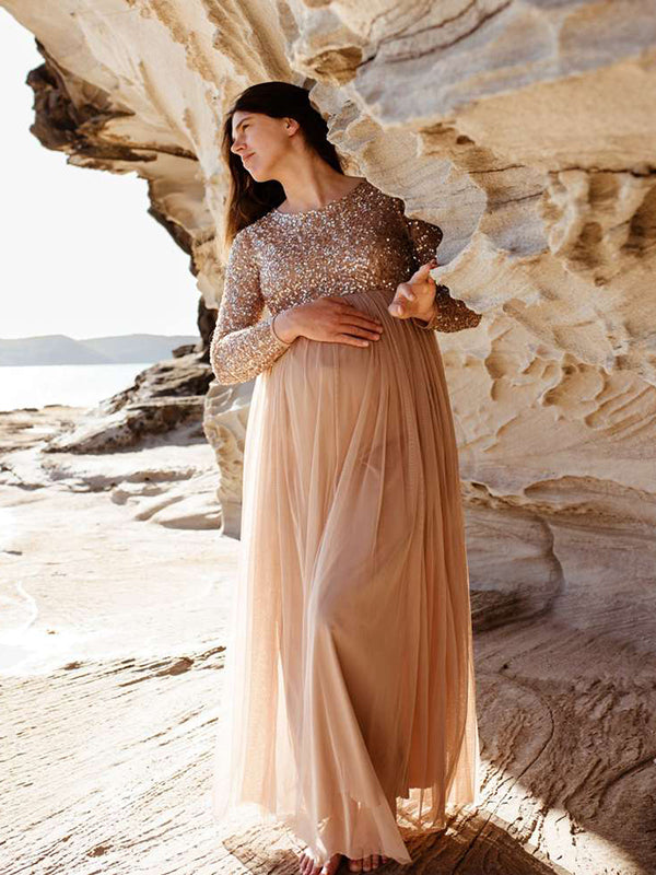 Momsmood Champion Sequin Tulle Splicing Long Sleeve Party Gown Photoshoot Maternity Baby Shower Maxi Dress