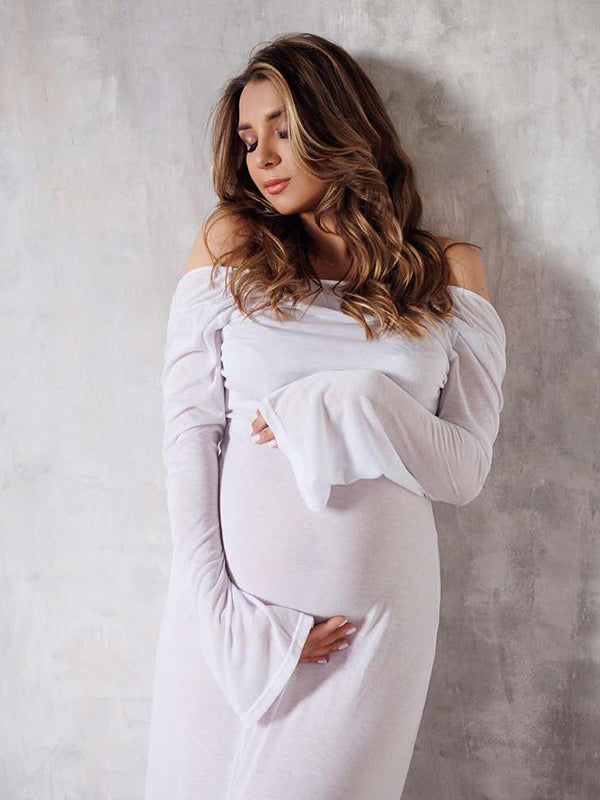 Momsmood White Off Shoulder Backless Drawstring Sheer Elegant Fashion Bodycon Photoshoot Maternity Maxi Dress